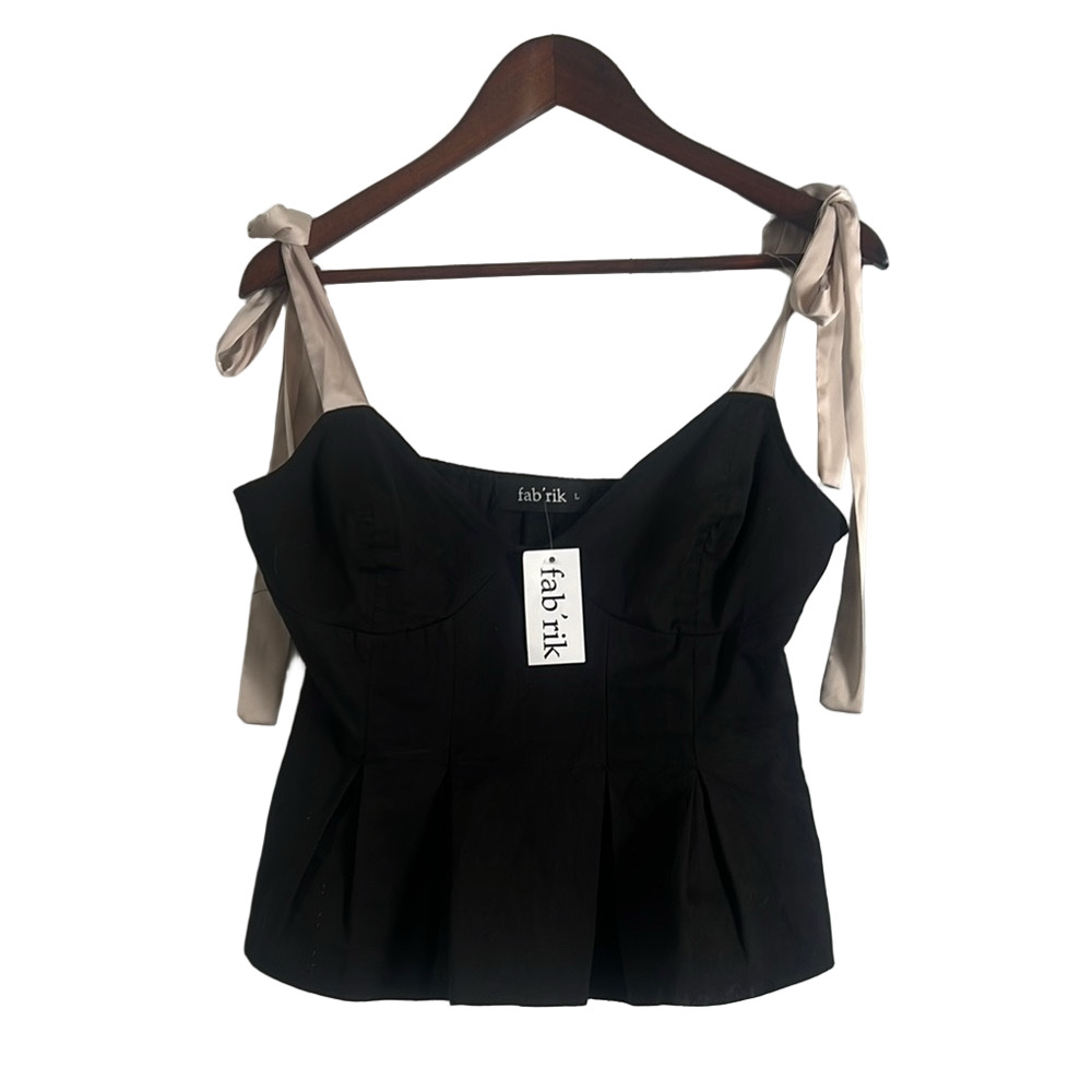 NWT Fab'rik Black Peplum Tank Top with Cream/Tan Bow Satin Straps